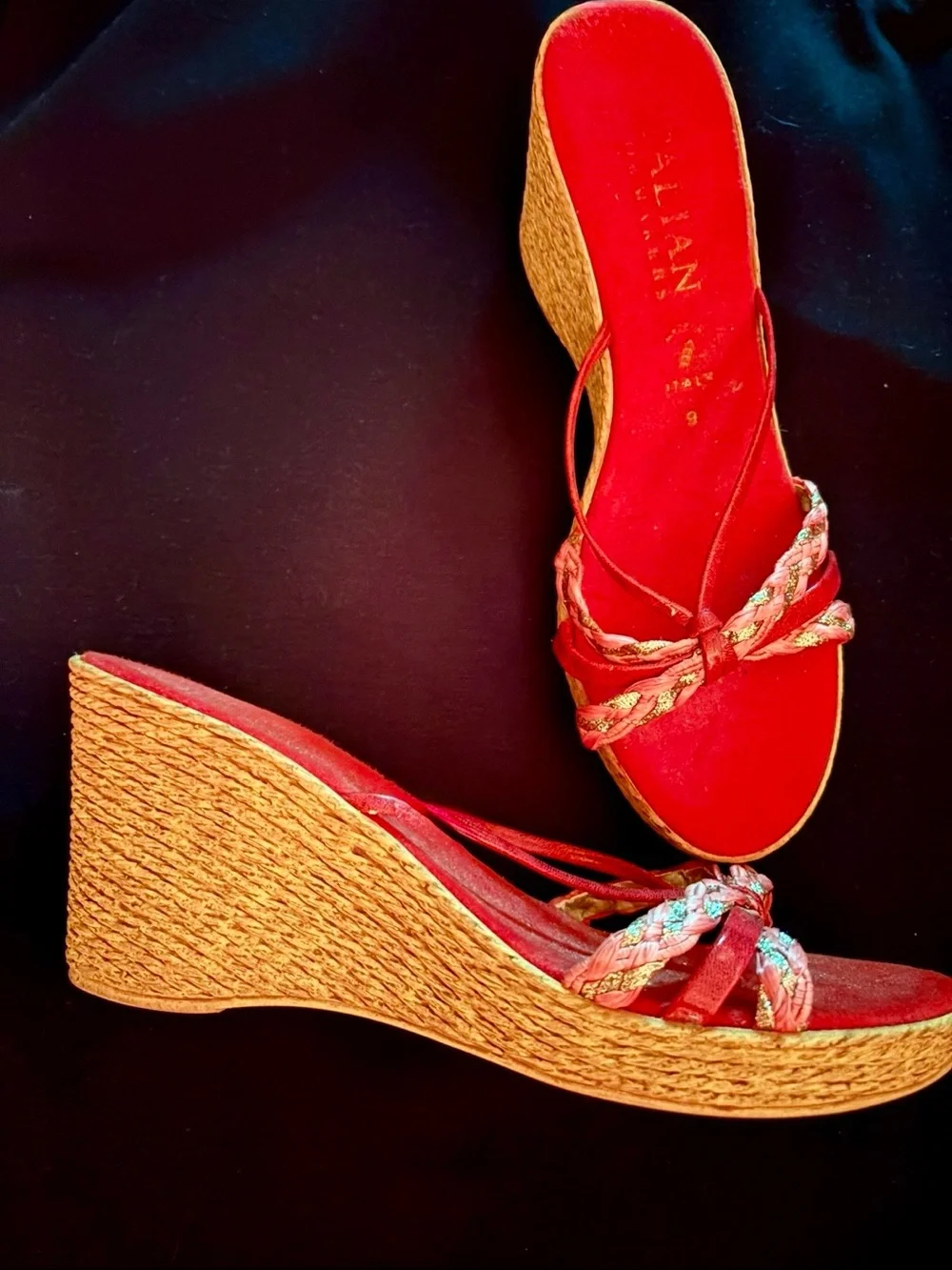 New Italian Shoemakers Red Braided Espadrille Wedge Sandals Made in Italy